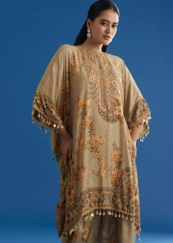 Beige Floral Printed Kaftan Dhoti Set With Shells And Metal Coin Tassels