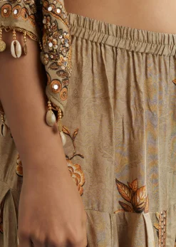 Beige Floral Printed Kaftan Dhoti Set With Shells And Metal Coin Tassels