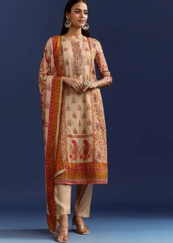 Beige Floral Printed Kurta And Dupatta With Cut Dana And Zardosi Work