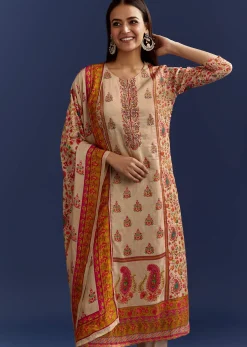 Beige Floral Printed Kurta And Dupatta With Cut Dana And Zardosi Work