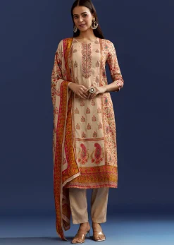 Beige Floral Printed Kurta And Dupatta With Cut Dana And Zardosi Work
