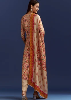 Beige Floral Printed Kurta And Dupatta With Cut Dana And Zardosi Work