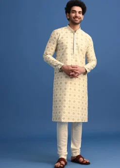 Beige Foil Print Kurta Set