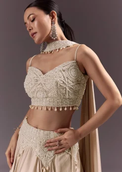 Beige Frill Skirt And Embroidered Blouse Set With Choker Dupatta