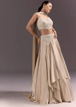 Beige Frill Skirt And Embroidered Blouse Set With Choker Dupatta