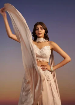 Beige Frill Skirt And Embroidered Blouse Set With Choker Dupatta