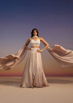 Beige Frill Skirt And Embroidered Blouse Set With Choker Dupatta