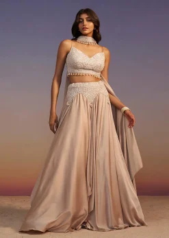 Beige Frill Skirt And Embroidered Blouse Set With Choker Dupatta