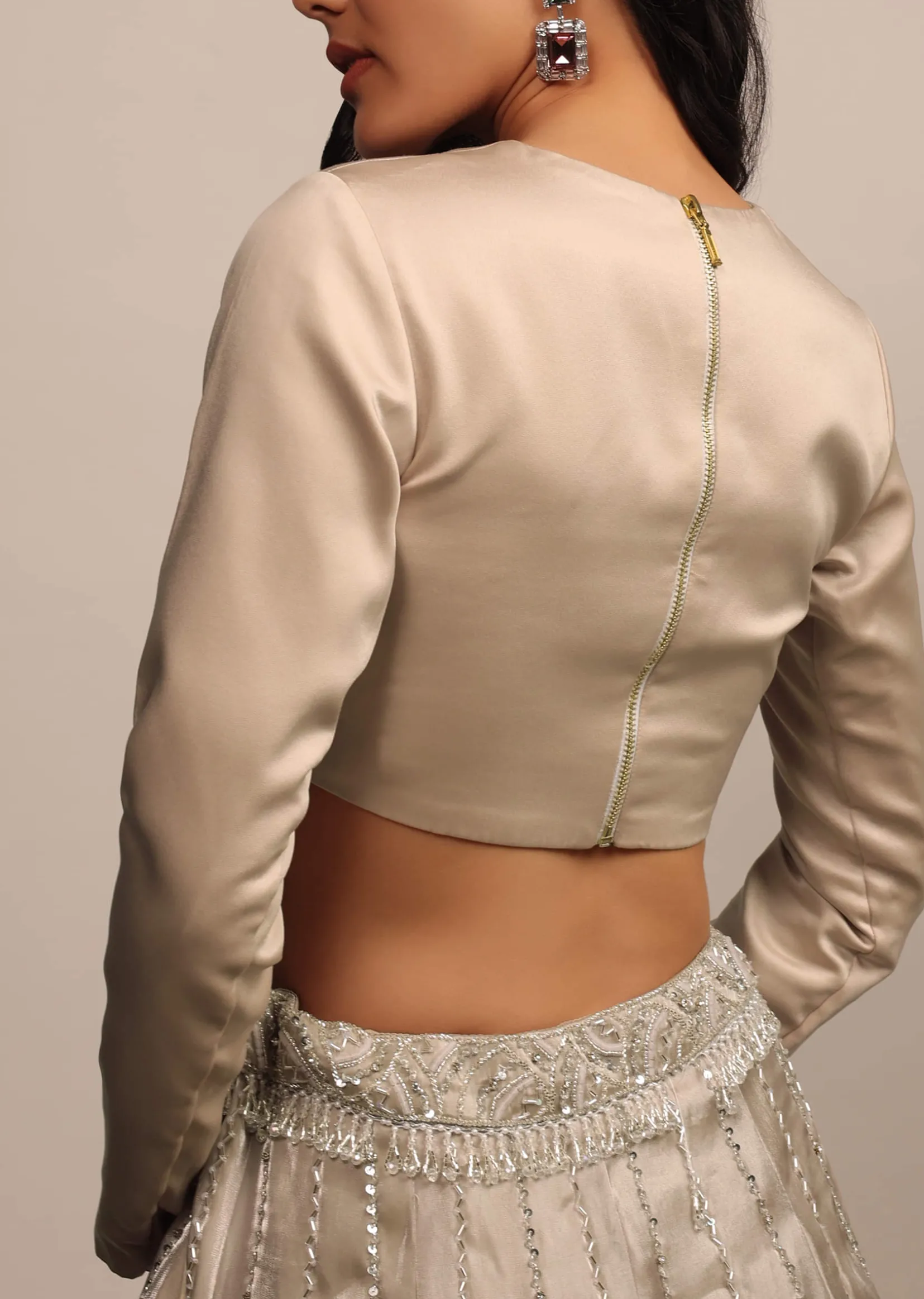 Beige Full Sleeves Blouse in Satin With Round Neckline