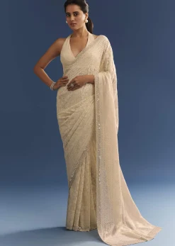 Beige Georgette Chikankari Saree With Stone And Cutdana Work