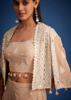 Beige Georgette Embroidered Cape Palazzo Set