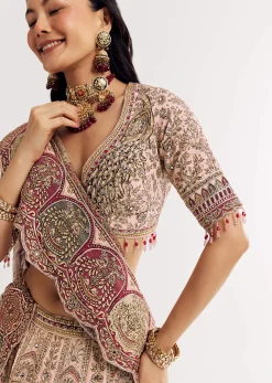Beige Georgette Printed V Neckline Lehenga With Crepe Dupatta