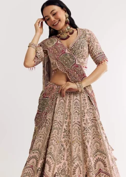 Beige Georgette Printed V Neckline Lehenga With Crepe Dupatta