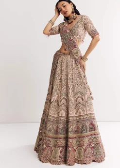 Beige Georgette Printed V Neckline Lehenga With Crepe Dupatta