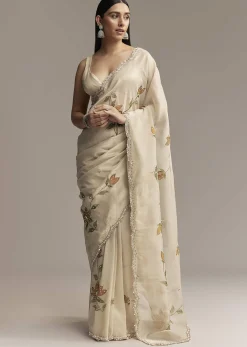 Beige Georgette Tissue Saree With Painted Florals And Sequin Embroidery