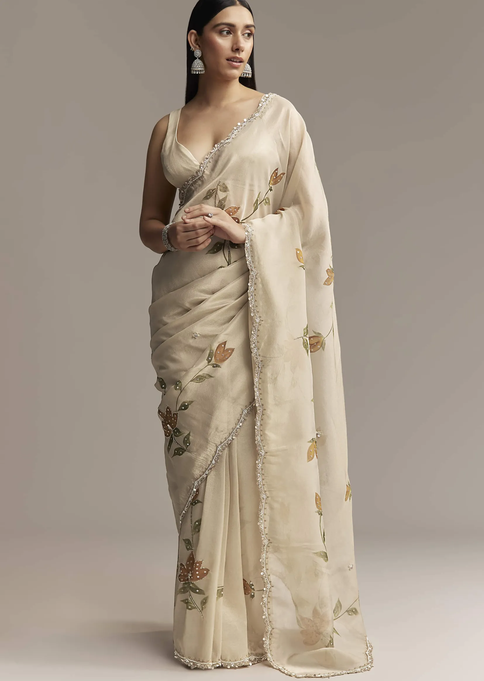 Beige Georgette Tissue Saree With Painted Florals And Sequin Embroidery