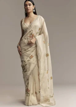 Beige Georgette Tissue Saree With Painted Florals And Sequin Embroidery