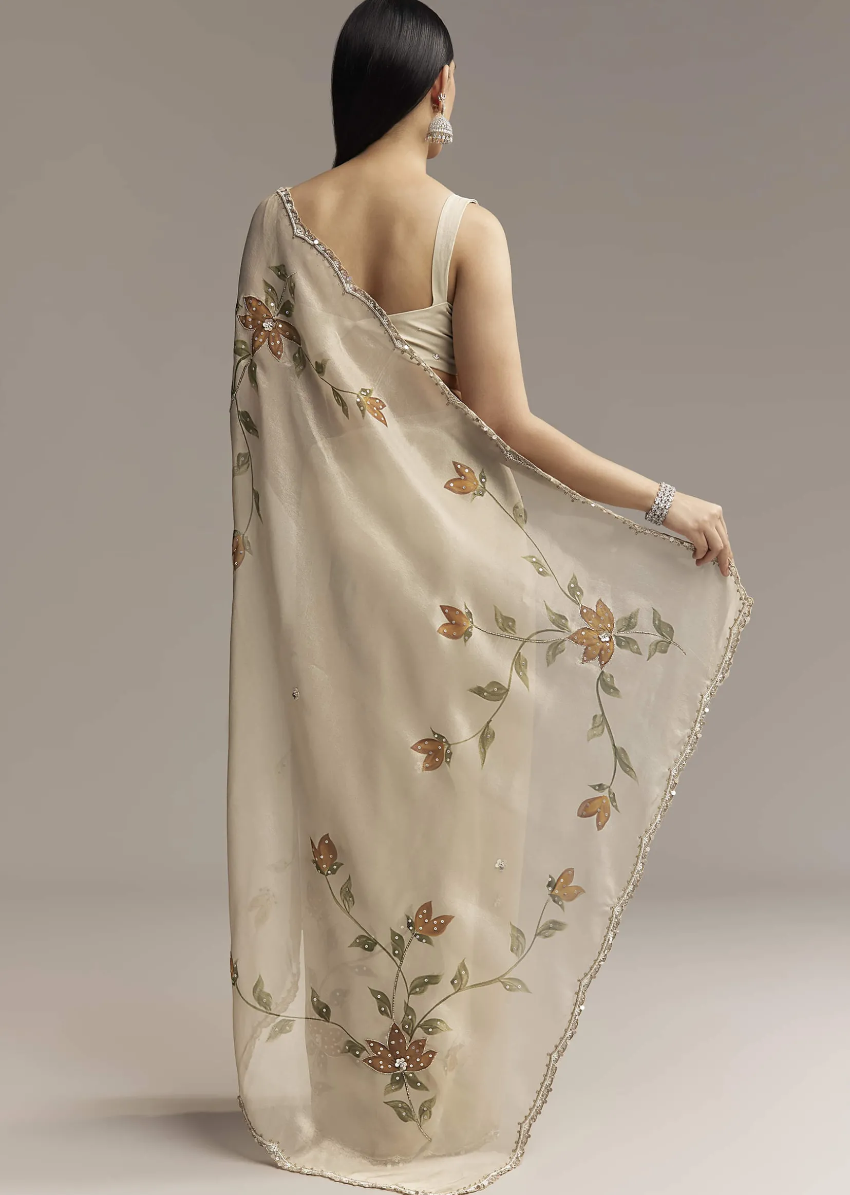 Beige Georgette Tissue Saree With Painted Florals And Sequin Embroidery