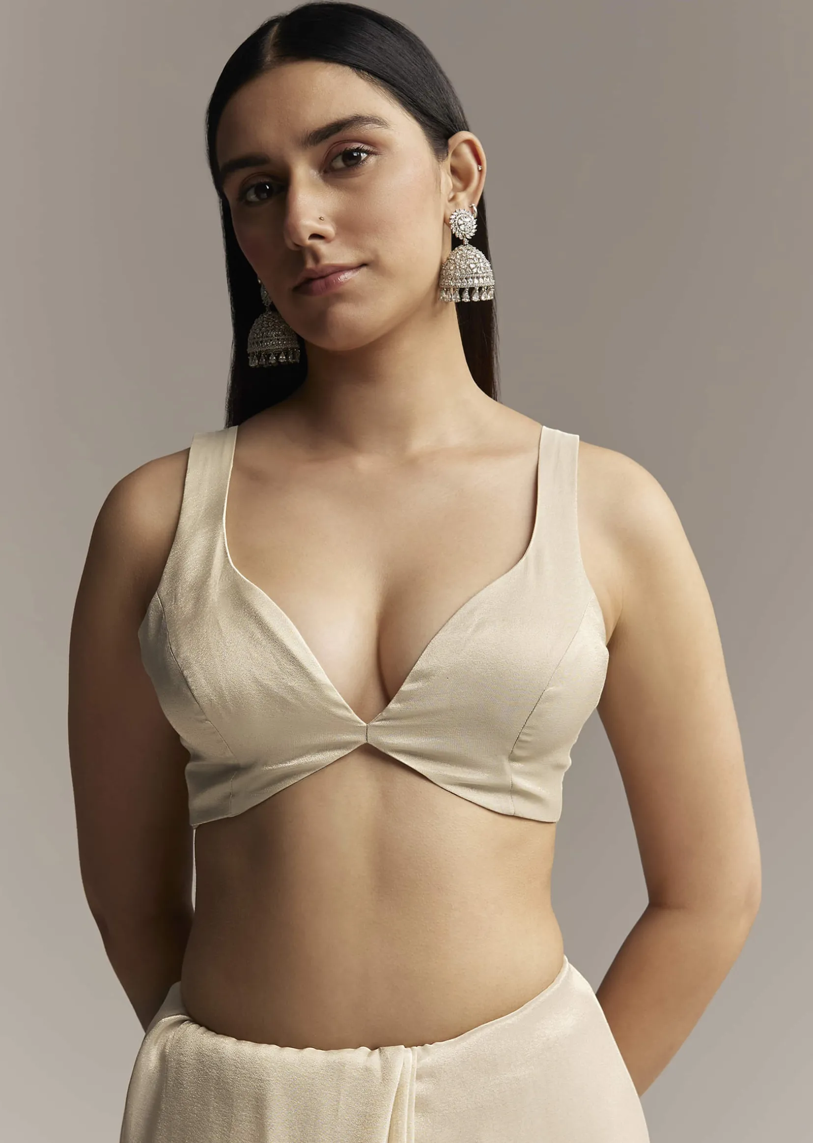 Beige Georgette Tissue Saree With Painted Florals And Sequin Embroidery