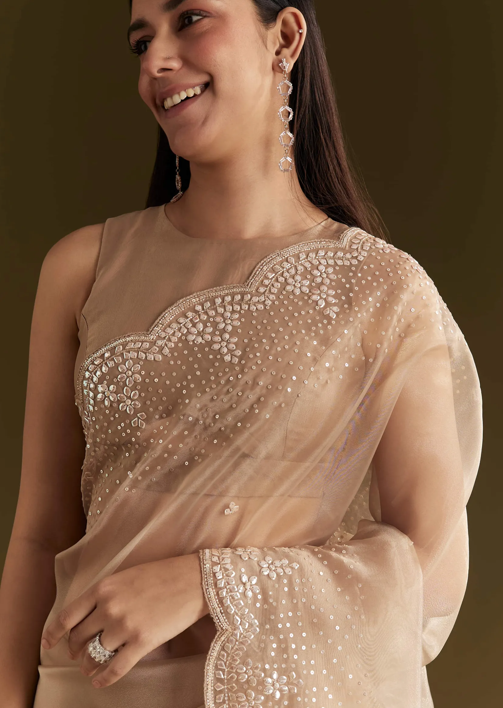 Beige Glass Tissue Embroidered Saree With Scallop Border