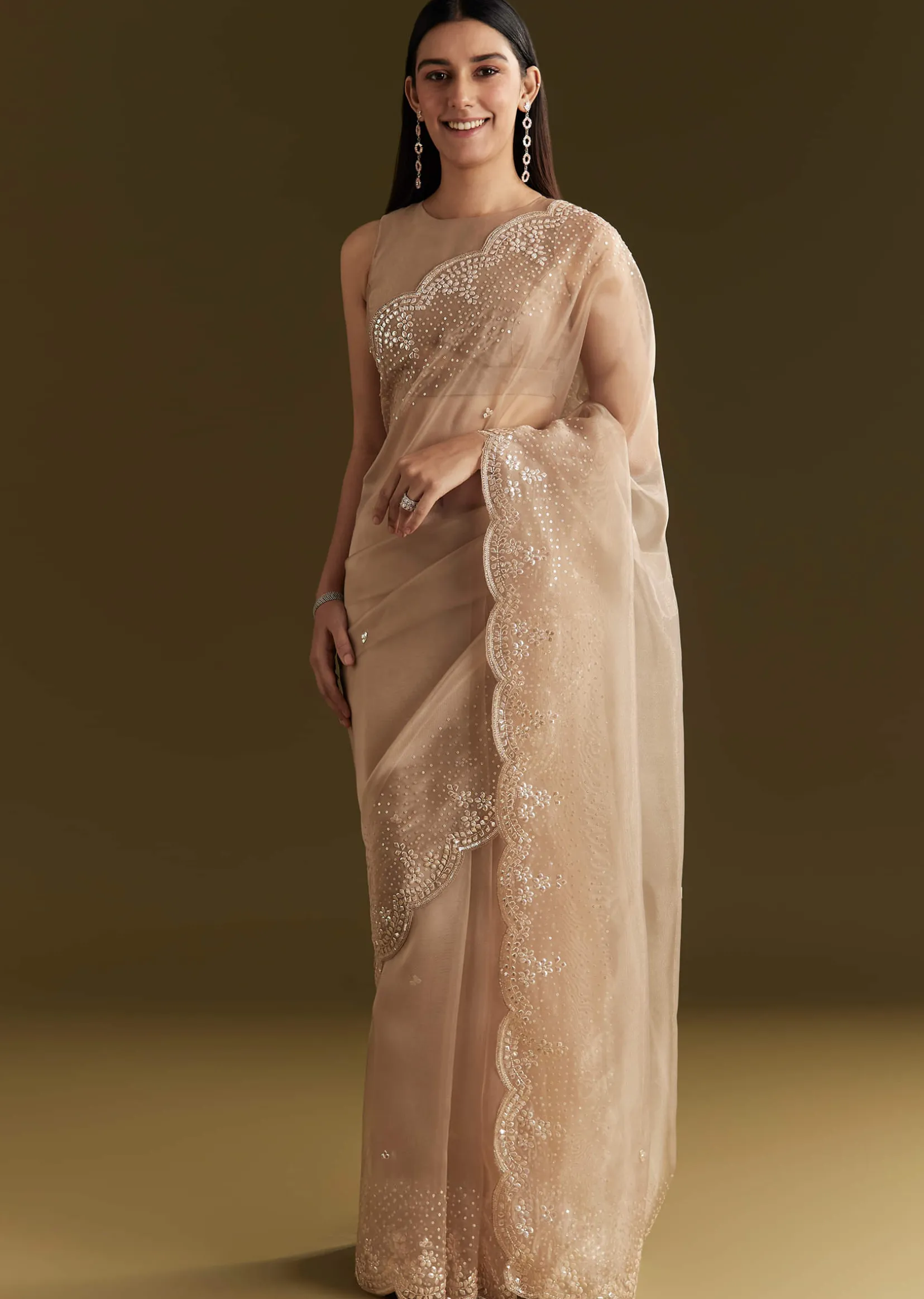 Beige Glass Tissue Embroidered Saree With Scallop Border