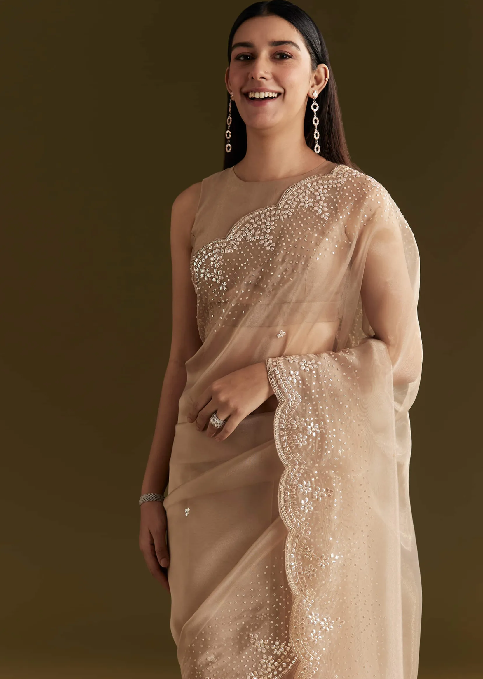 Beige Glass Tissue Embroidered Saree With Scallop Border