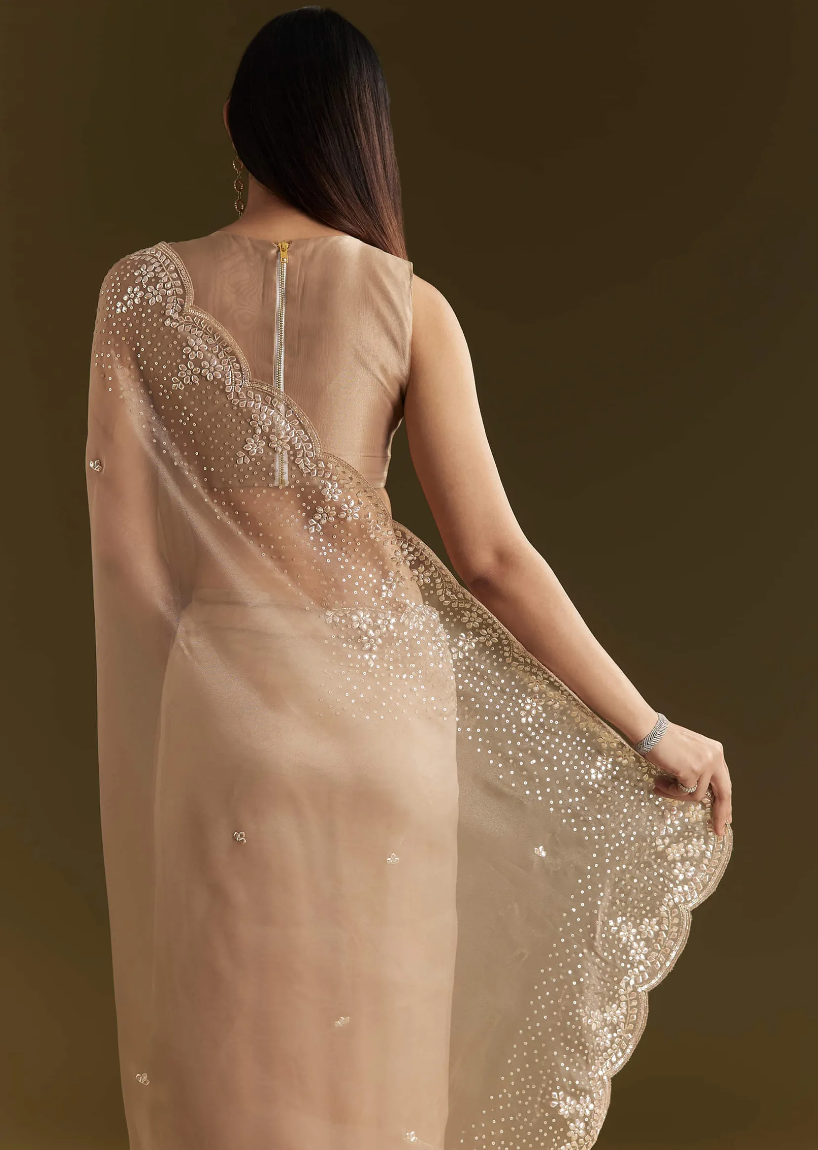 Beige Glass Tissue Embroidered Saree With Scallop Border