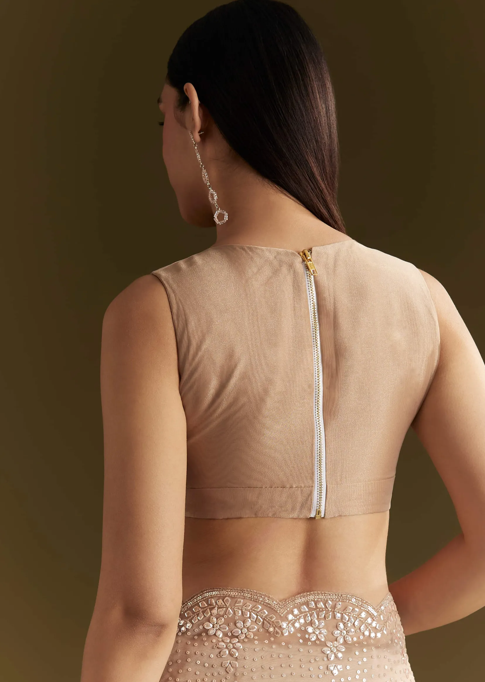 Beige Glass Tissue Embroidered Saree With Scallop Border