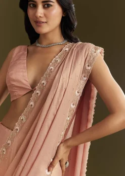Beige Glass Tissue Saree With Moti Cutdana And Sequins Embroidery And Scallop Border