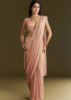 Beige Glass Tissue Saree With Moti Cutdana And Sequins Embroidery And Scallop Border
