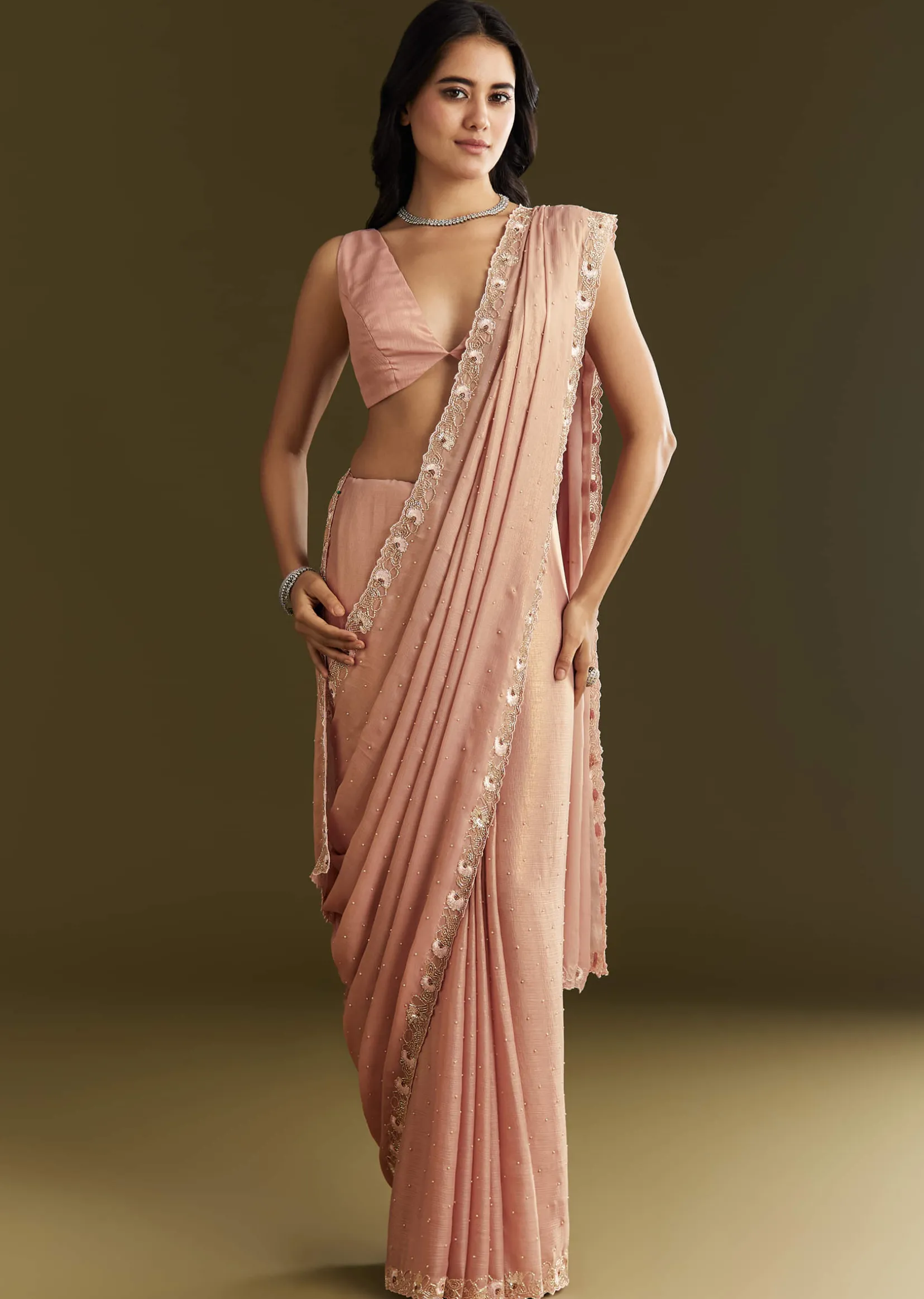 Beige Glass Tissue Saree With Moti Cutdana And Sequins Embroidery And Scallop Border