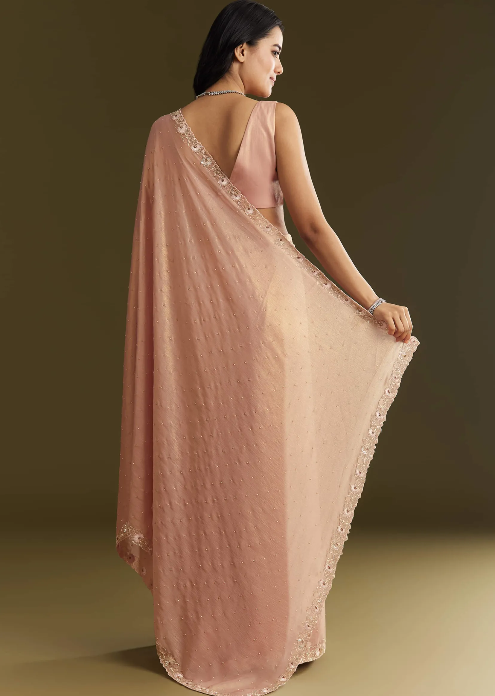 Beige Glass Tissue Saree With Moti Cutdana And Sequins Embroidery And Scallop Border