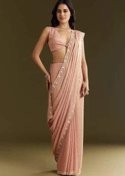 Beige Glass Tissue Saree With Moti Cutdana And Sequins Embroidery And Scallop Border