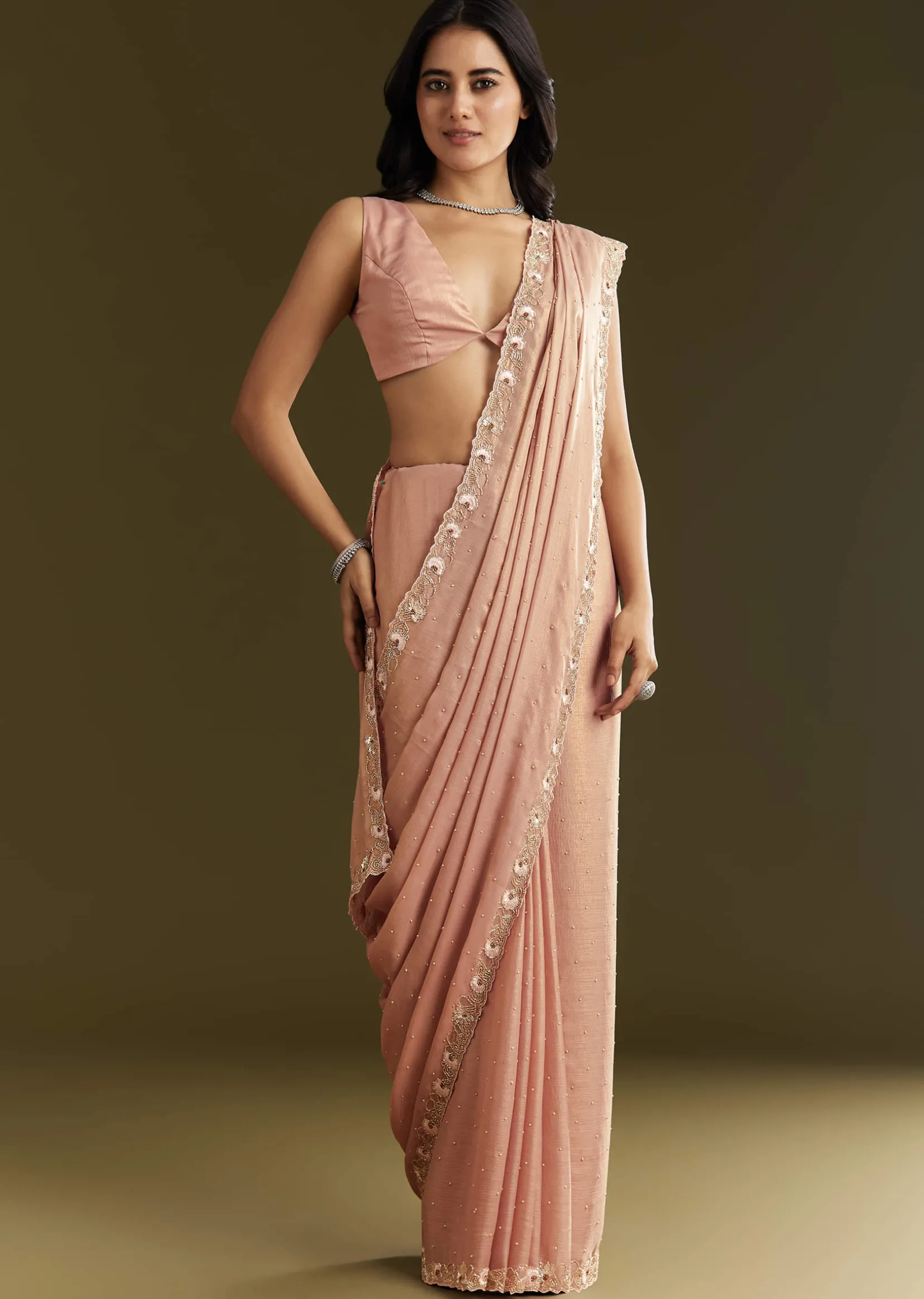 Beige Glass Tissue Saree With Moti Cutdana And Sequins Embroidery And Scallop Border