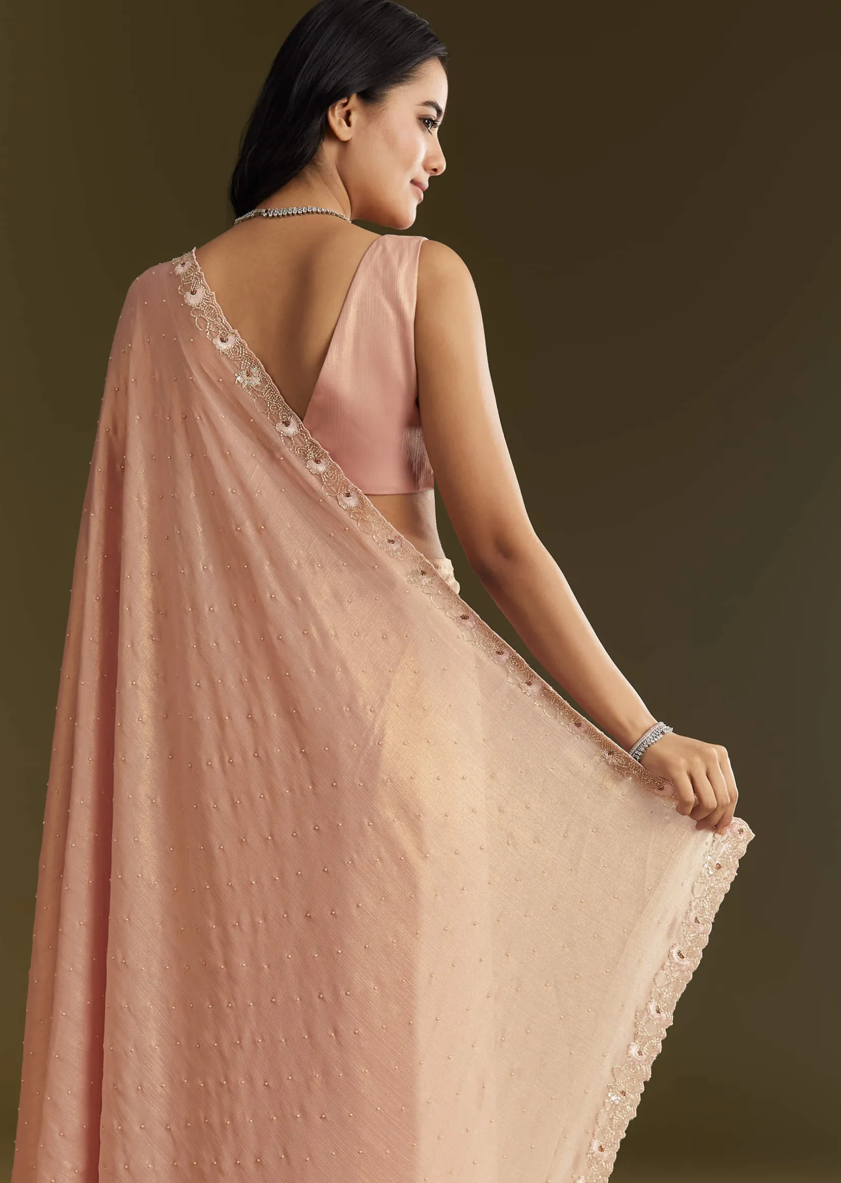 Beige Glass Tissue Saree With Moti Cutdana And Sequins Embroidery And Scallop Border