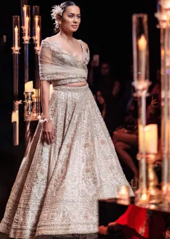 Beige Gold Bridal Lehenga Set In Raw Silk With Bead Embroidery