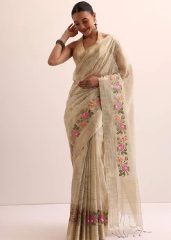 Beige Gold Chanderi Silk Saree With Thread Work And Unstitched Blouse