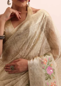 Beige Gold Chanderi Silk Saree With Thread Work And Unstitched Blouse