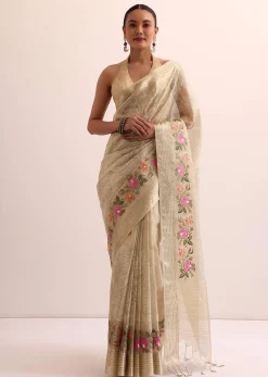 Beige Gold Chanderi Silk Saree With Thread Work And Unstitched Blouse