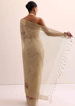 Beige Gold Chanderi Silk Saree With Thread Work And Unstitched Blouse