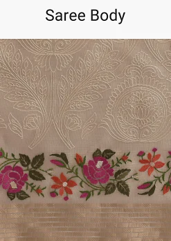 Beige Gold Chanderi Silk Saree With Thread Work And Unstitched Blouse