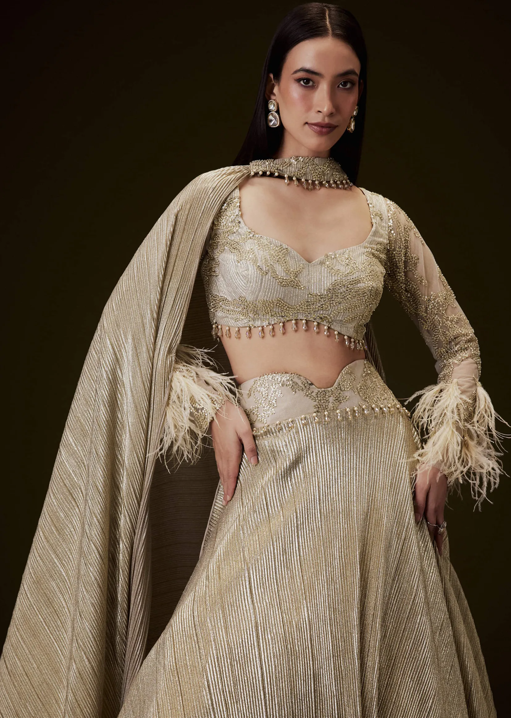 Beige Gold Crush Fabric Lehenga With Feather Sleeve Blouse