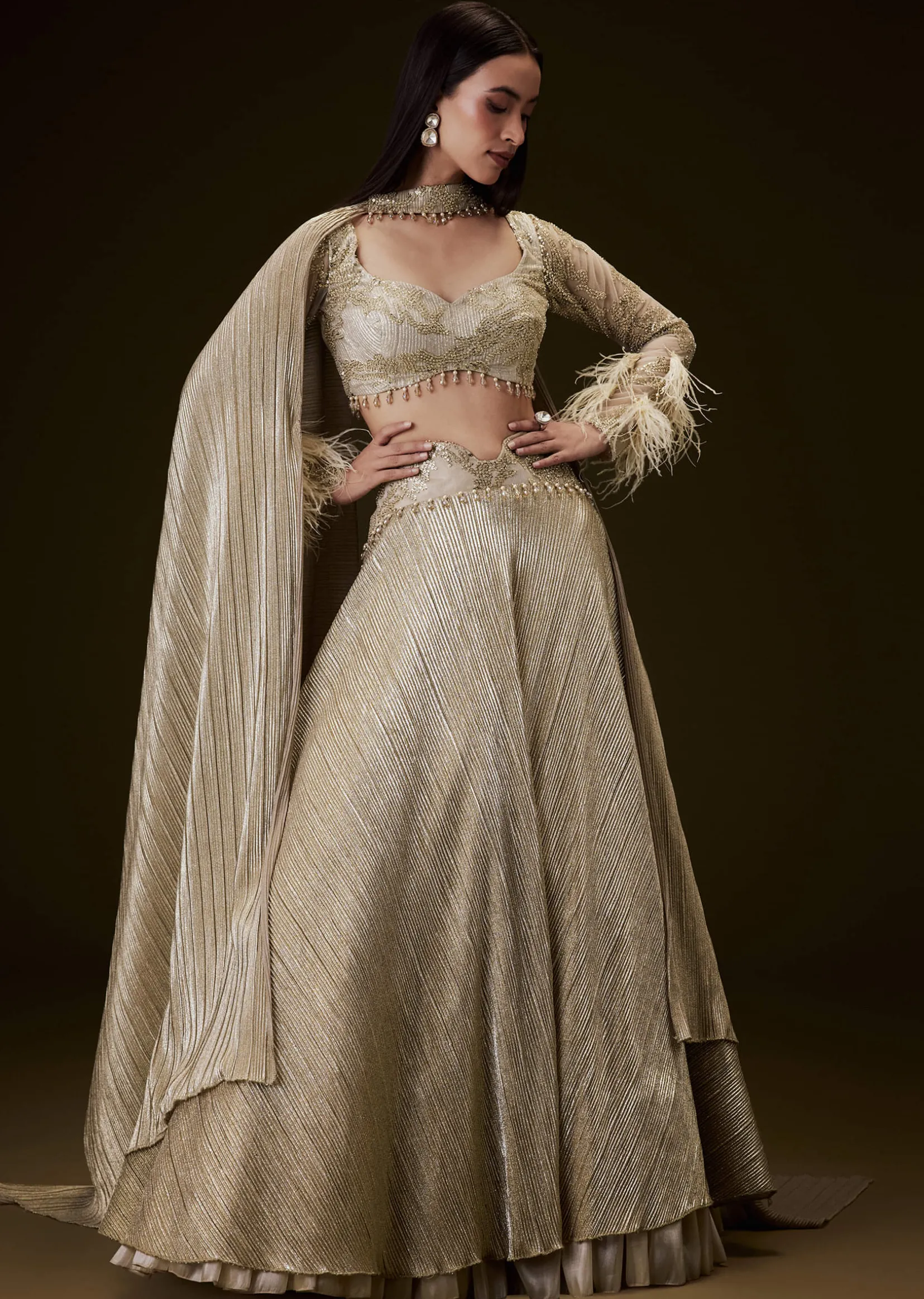 Beige Gold Crush Fabric Lehenga With Feather Sleeve Blouse