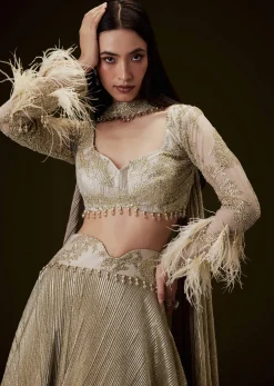 Beige Gold Crush Fabric Lehenga With Feather Sleeve Blouse