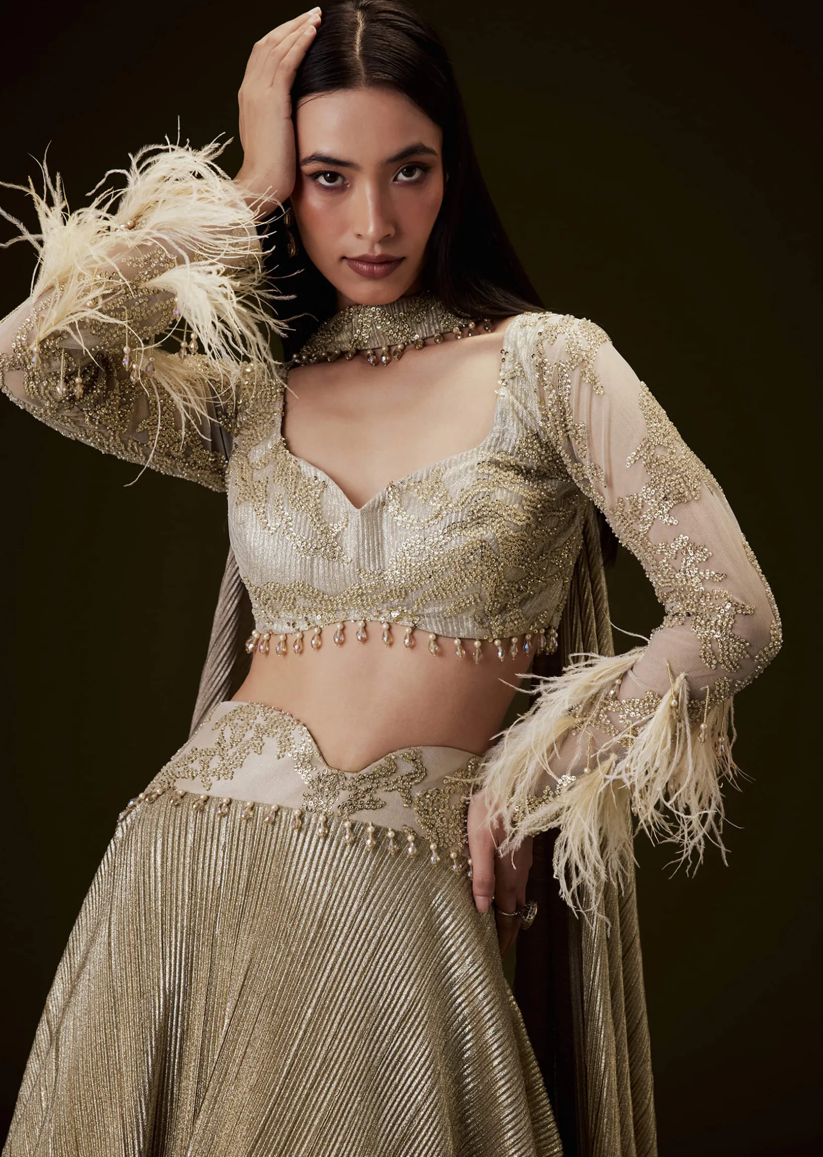 Beige Gold Crush Fabric Lehenga With Feather Sleeve Blouse