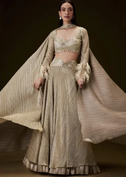 Beige Gold Crush Fabric Lehenga With Feather Sleeve Blouse