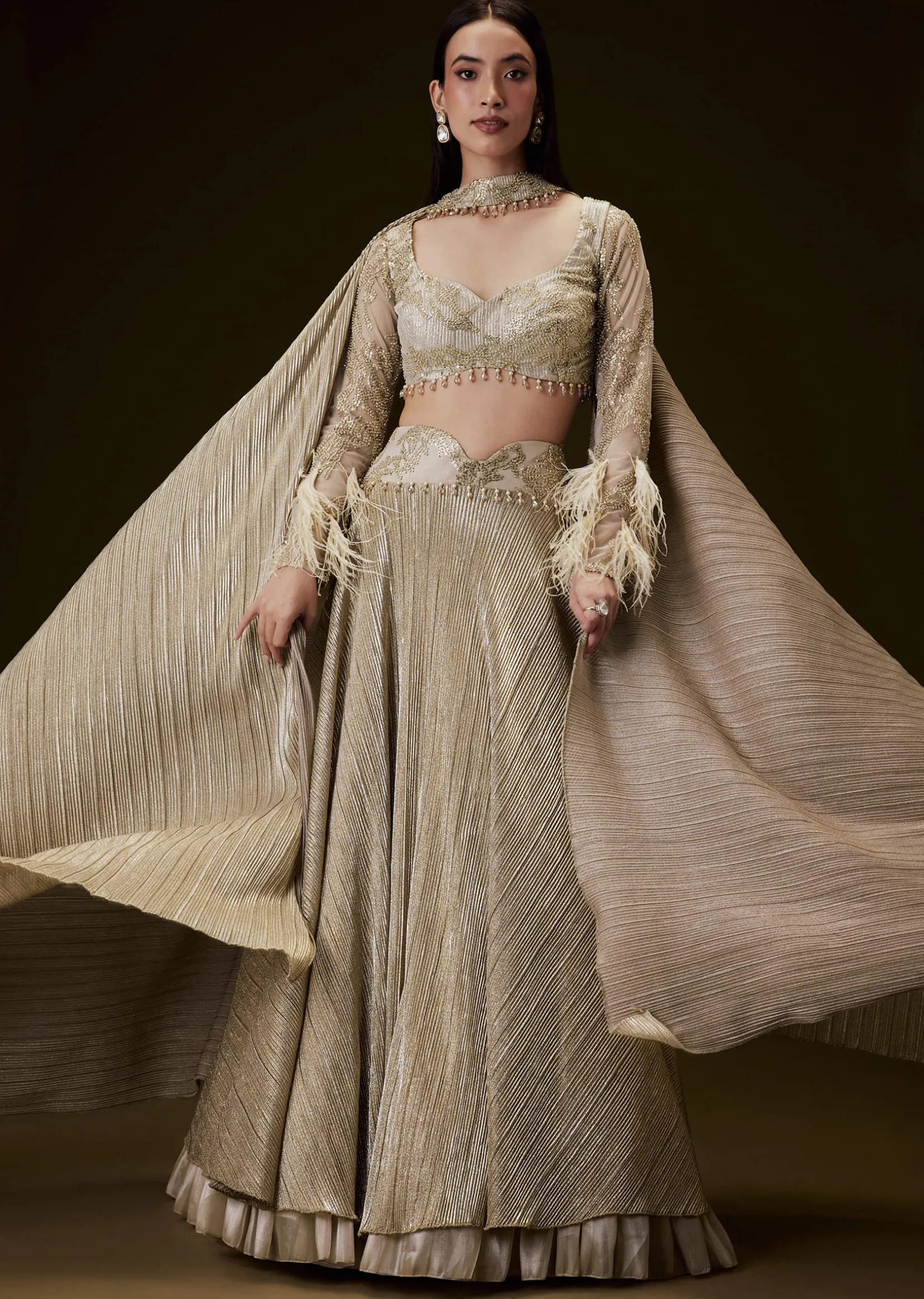 Beige Gold Crush Fabric Lehenga With Feather Sleeve Blouse