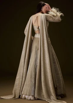 Beige Gold Crush Fabric Lehenga With Feather Sleeve Blouse