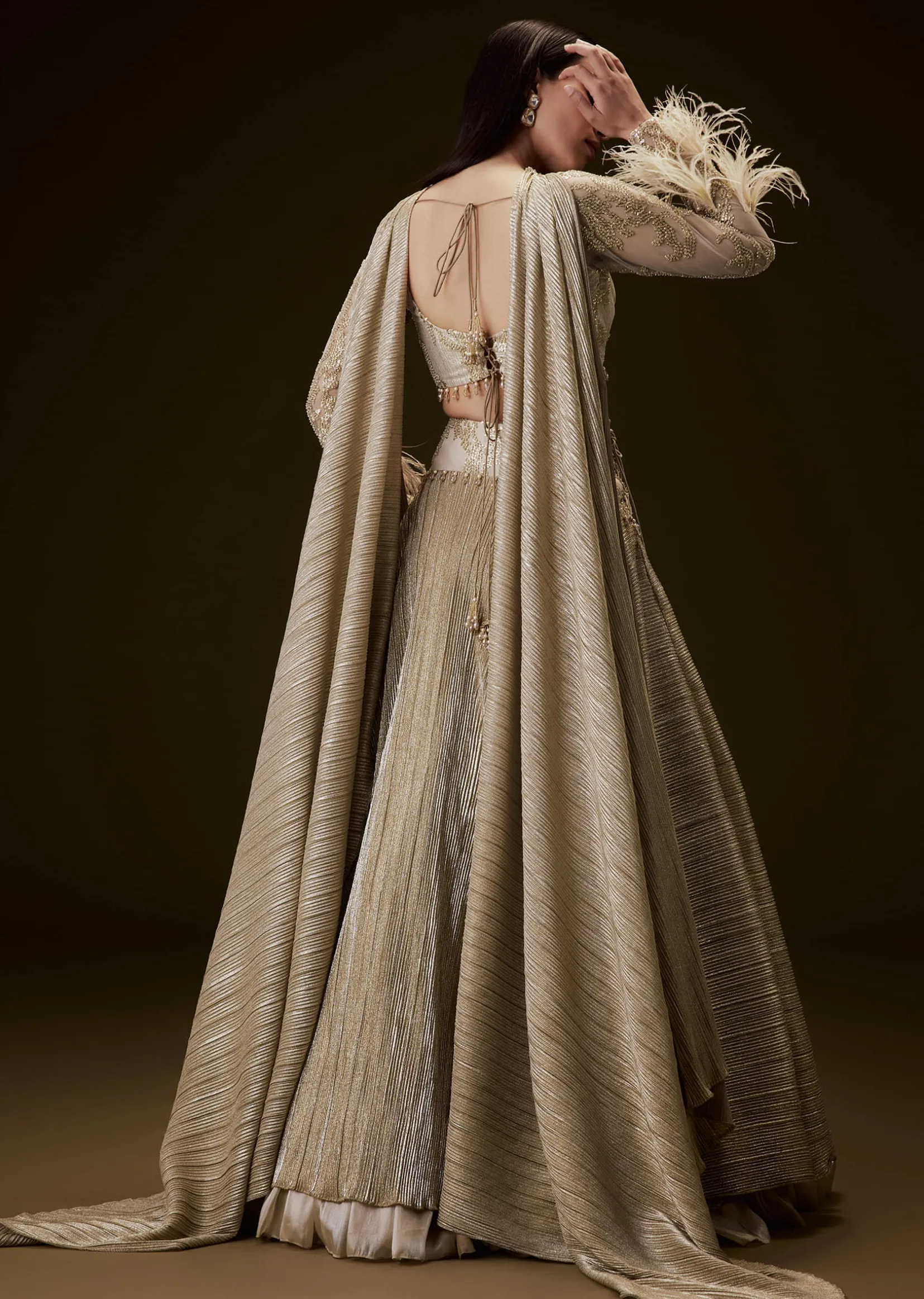 Beige Gold Crush Fabric Lehenga With Feather Sleeve Blouse