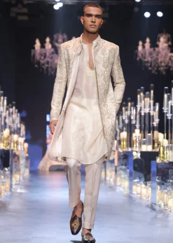 Beige Gold Hand Embroidered Sherwani Set